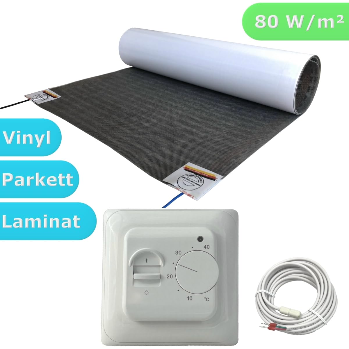 Elektrische Fußbodenheizung HoWaTech Lux Folienheizung für Renovierung Laminat Parkett Vinyl Komplett Set Heizfolie 80 W/m² inkl. Thermostat, Folienlänge & Fläche:2.5m / 1.25m²
