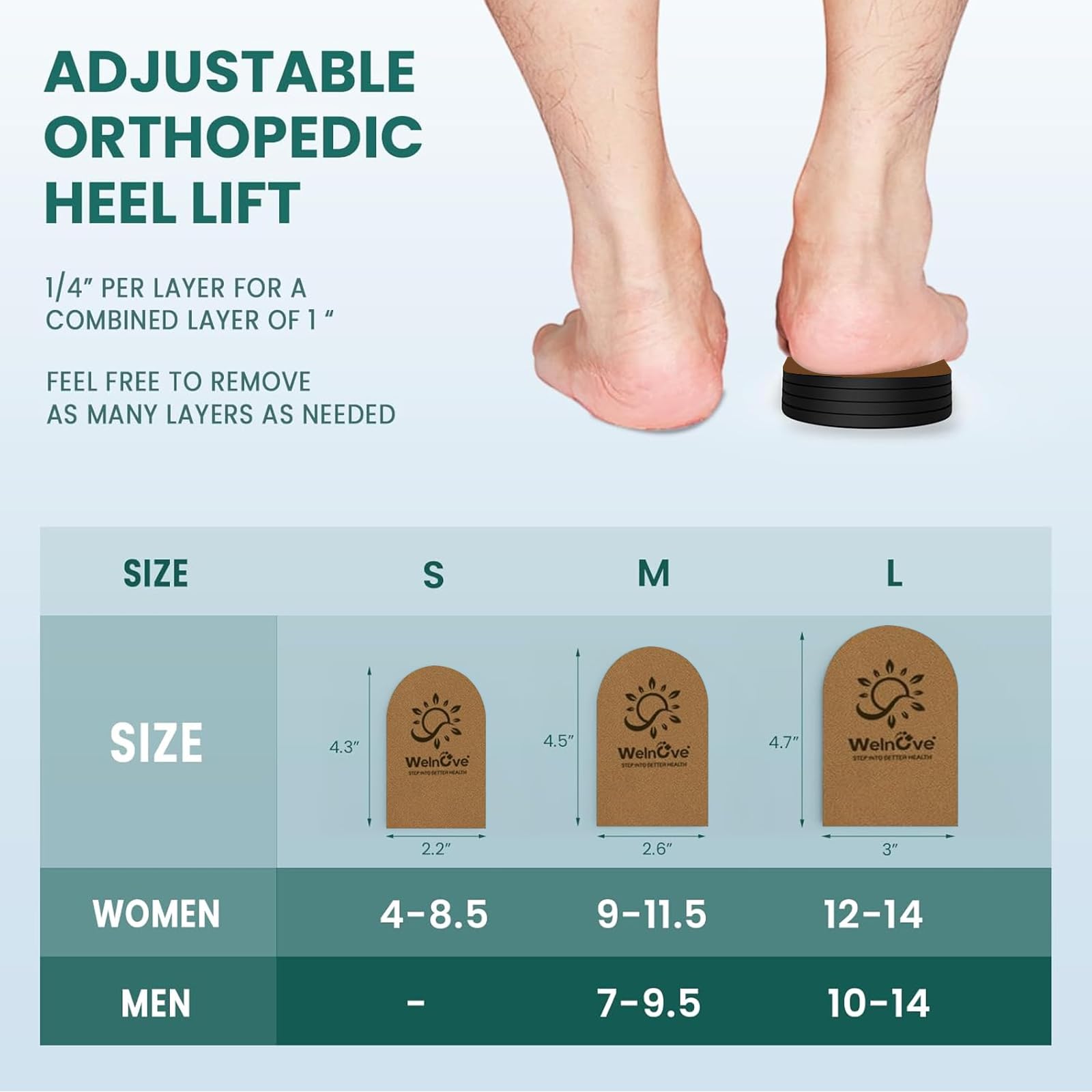 Welnove Orthopädische Ferse Lift für Schuhe -(1-Paar) 4 Lagen Verstellbare Schuhheber für ungleiche Beine Beinlänge Diskrepanz, Fersenschmerzen, Plantarfasziitis - Klein,Braun