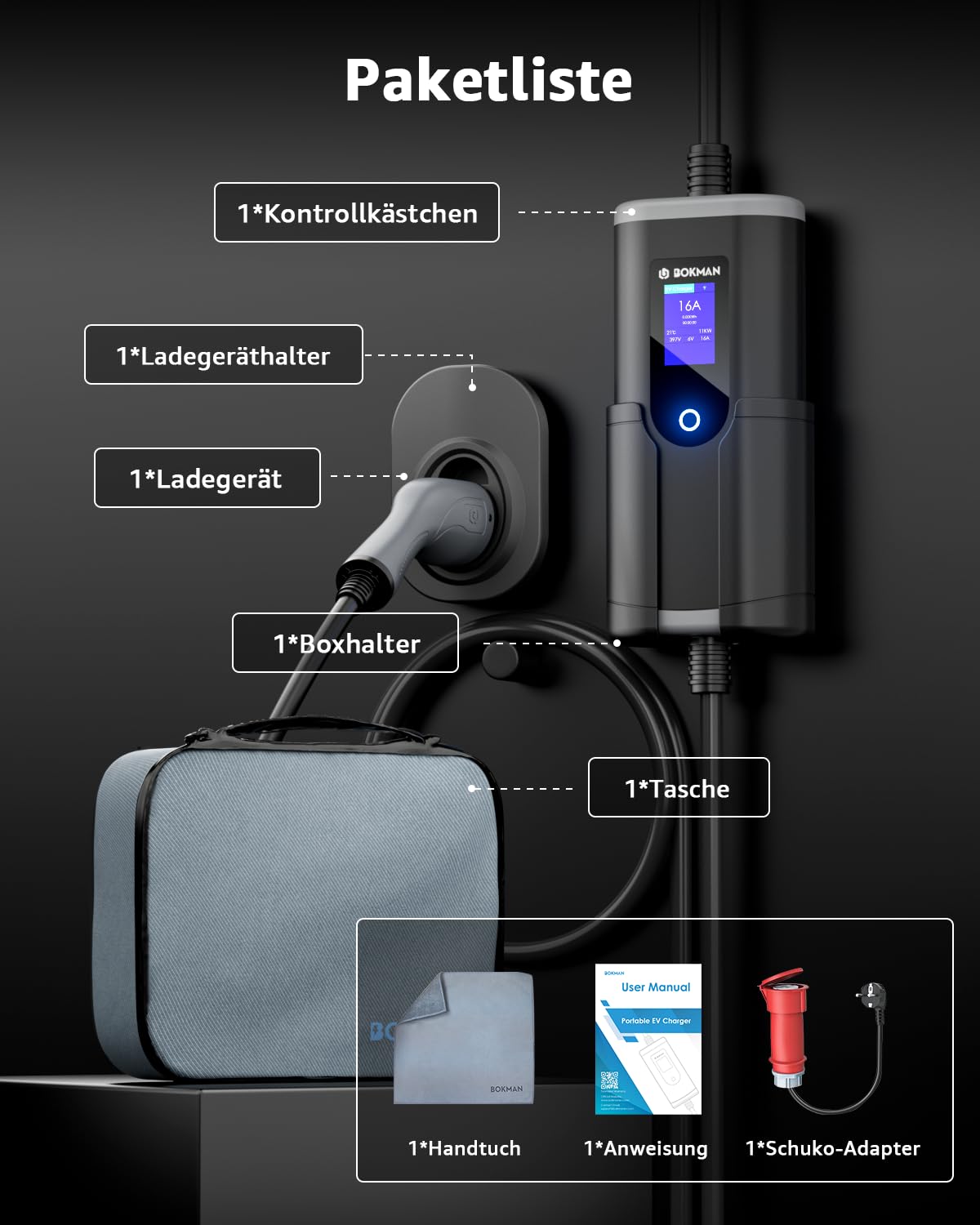 bokman Mobile Wallbox 11kW, Typ 2 Ladekabel mit CEE Stecker & Adapterkabel 8 Meter |16A | 3-Phasig | IP65 Wasserdicht, Tragbares EV-Ladegerät für IEC 62196-2 mit Tragetasche & Mikrofaserhandtuch