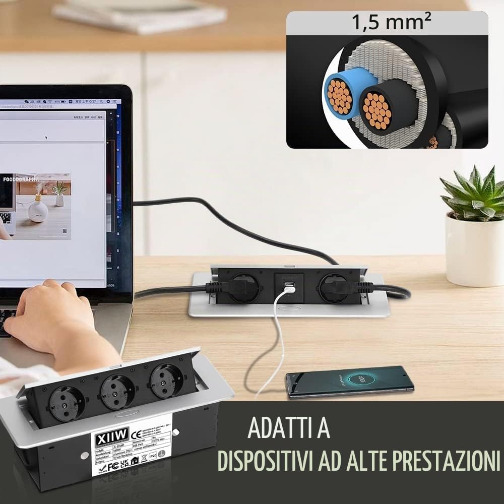 XIIW Ciabatta pop-up da incasso, Multipresa a scomparsa con 2 fori (tipo F) e 2 USB, 3500W/16A, alluminio resistente 750°C, cavo 1,8m per scrivania e piano lavoro, CEE 7/7 presa scrivania - No tipo L