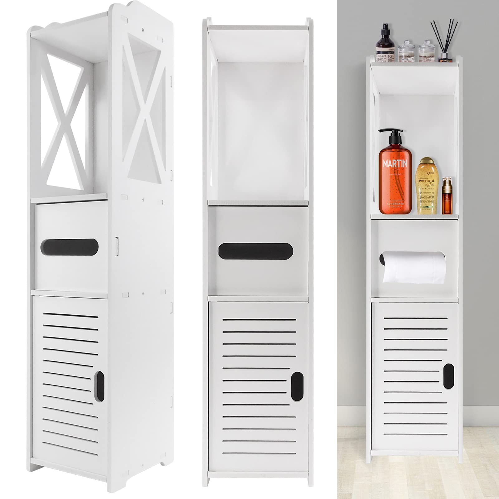 Bathroom Floor Cabinet with Doors and Shelves, Waterproof Storage Cupboard, Narrow Bath Sink Organizer, Floor Standing Space Saver Shelf, White