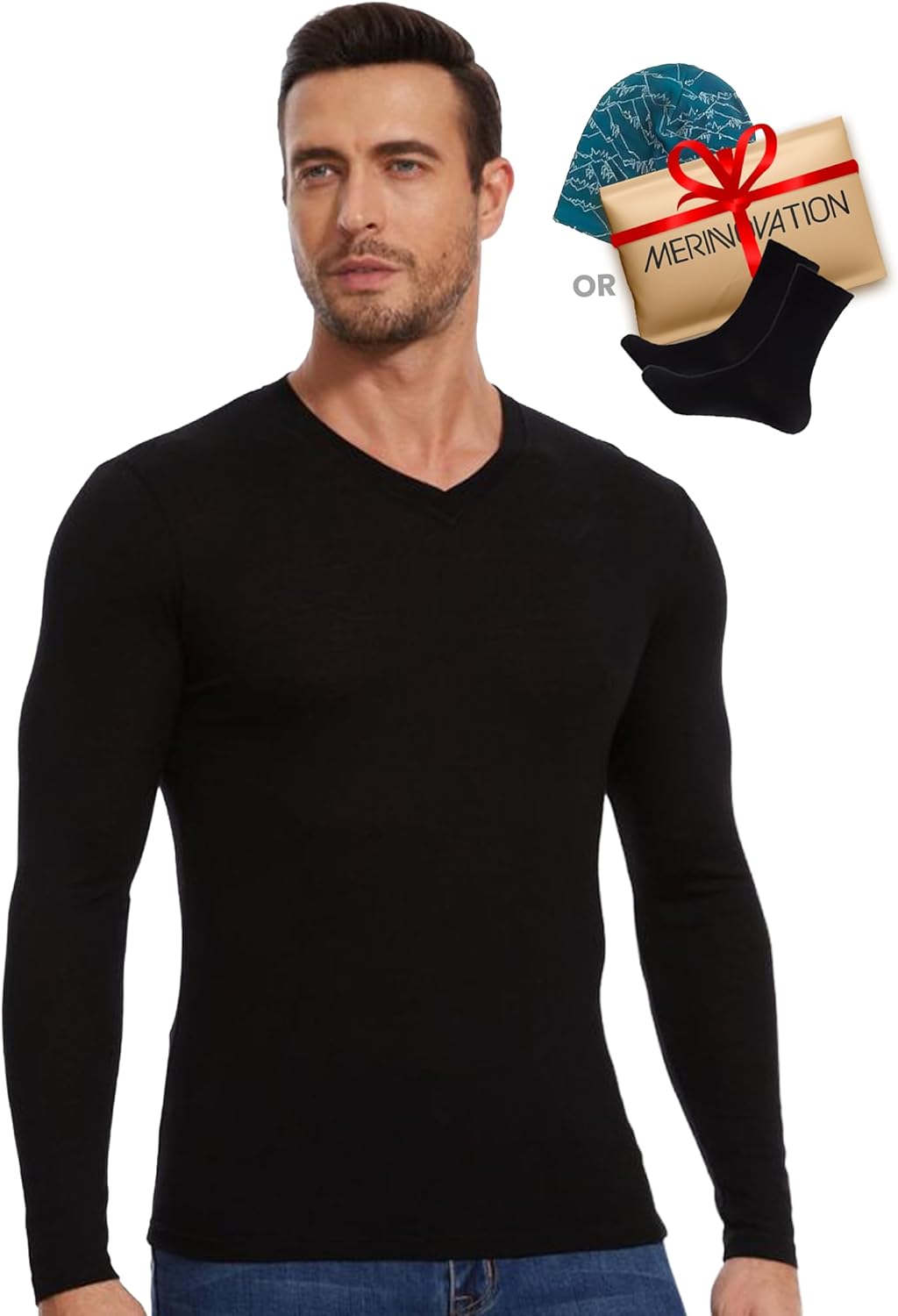 MERINNOVATION Merino Wool Base Layer Mens - 100% Merino Wool Shirts for Men Lite - Midweight Long Sleeve V Neck T-Shirt