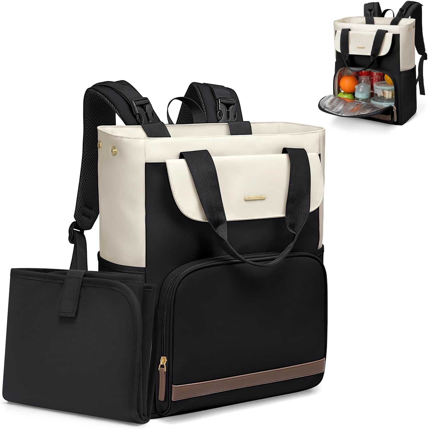 GOLF SUPAGS Diaper Bag Backpack with Portable Changing Pad 25L Baby Bag Insulated lunch box Backpack Fits 17.3" Laptop (Black & White)