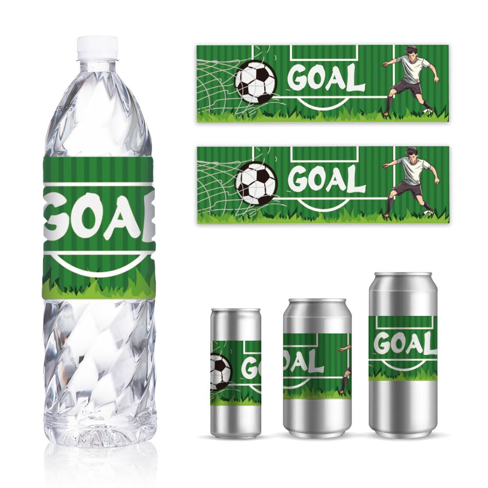 GOMAKERER 30 Sheets Birthday Water Bottle Labels, Soccer Theme Self-Adhesive Wraps Sticker for Water Bottle Personalized Bridal Shower Party Wedding Drinking Water Bottle Label, 8.5x2.5 Inches