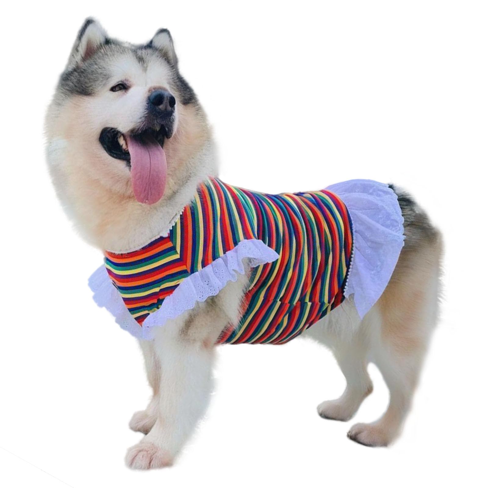UOSIA Rainbow Colorful Striped Large Dog Dress Stretchy Pullover Breathable Dog Shirt Lace Pet Sleeveless Tutu Vest T-Shirt Skirt,4XL