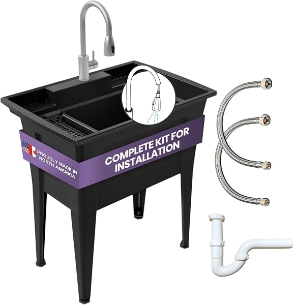 Freestanding Utility Sink with Two Handle Chrome Faucet - 32 Plastic Utility Sink for Garage, Laundry, Indoor and Oudoor