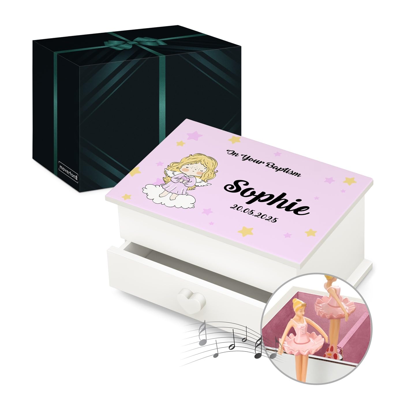 Maverton Personalised Ballerina Box for little princess - Treasure Box with Drawer for girl - Wooden Jewellery Box with overprint - Customised White Organiser for Birthday for her - Angel