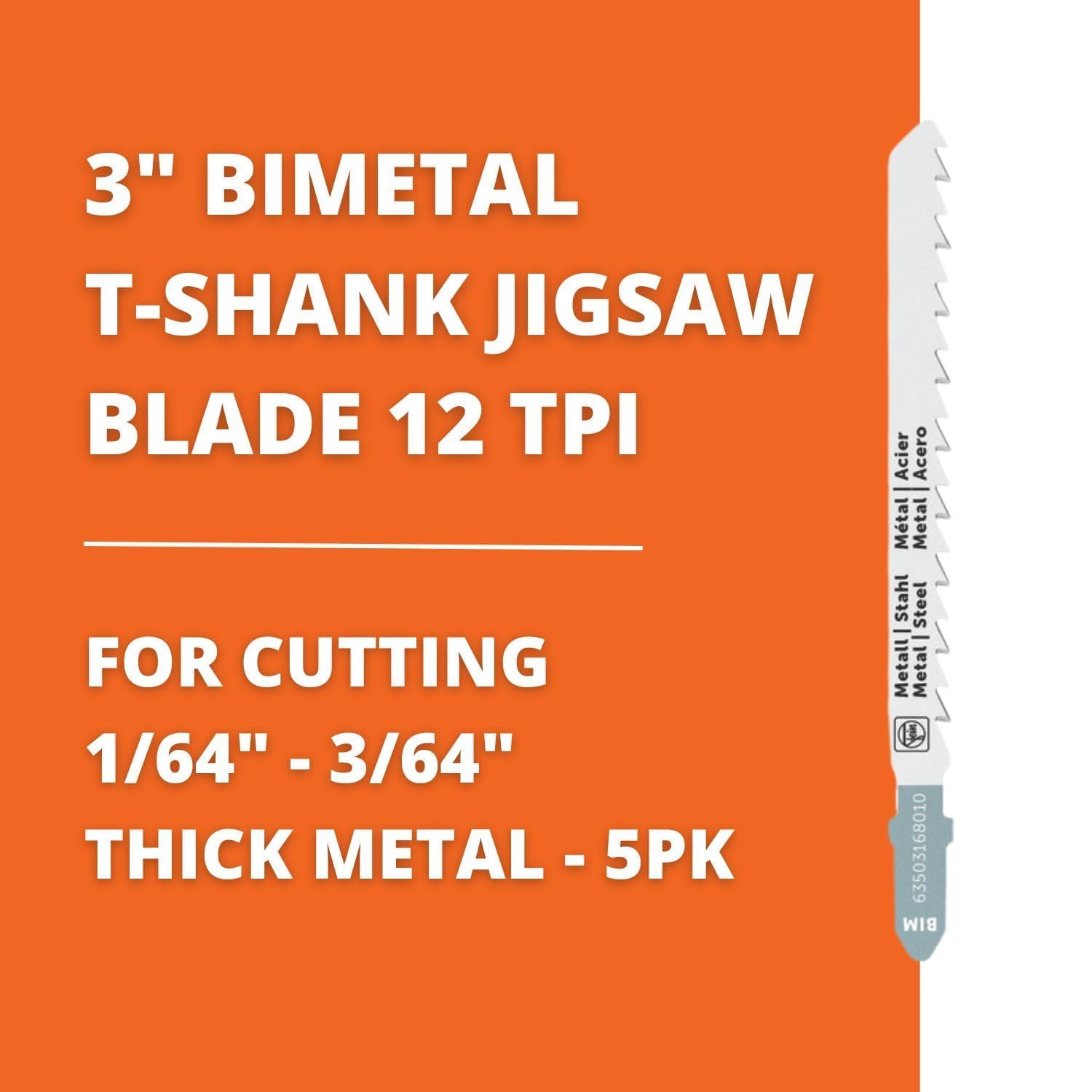 Fein 3" BiMetal T-Shank Jigsaw Blade - 12 TPI for Smooth, Straight Cuts in 1/64"-3/64" Metal, Stainless Steel, INOX & Sheet Steel, High-Speed Steel, 5-Pack - 63503168010