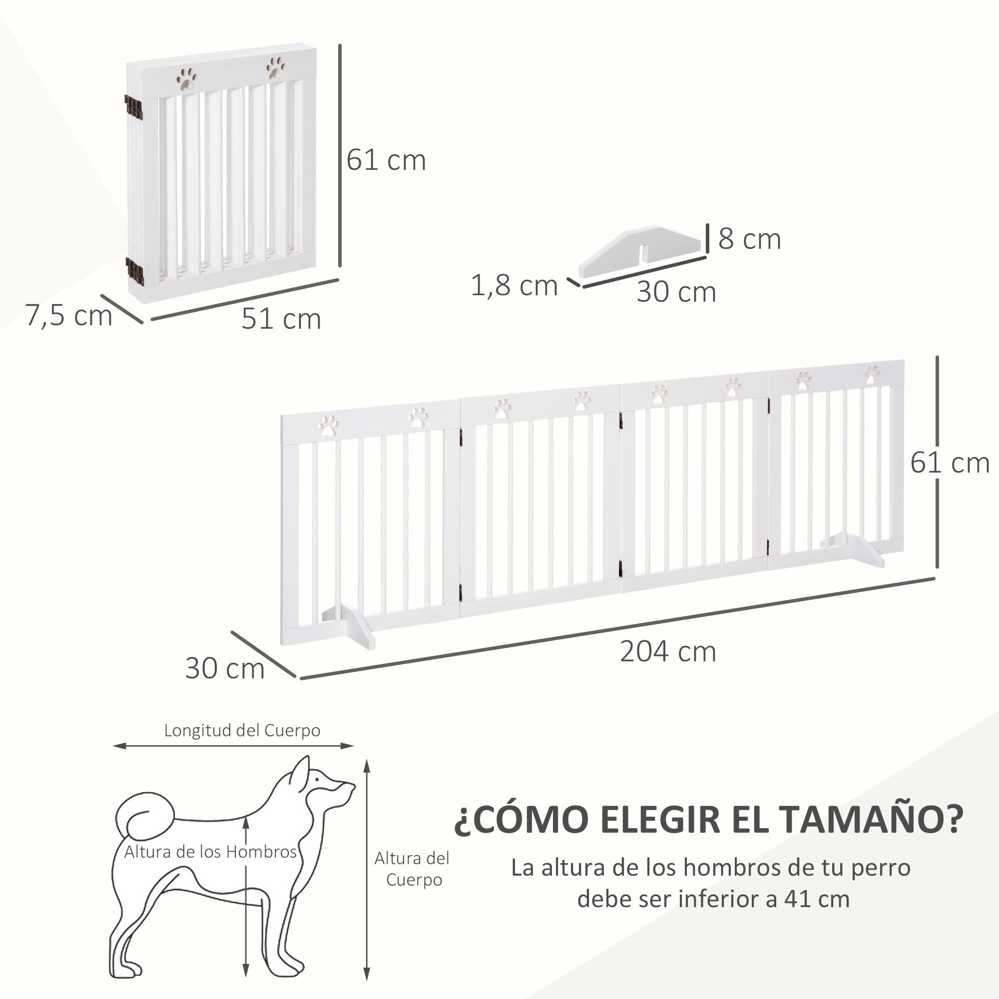 PawHut Barrera para Perros Plegable 4 Paneles Madera 204x61 cm Blanco | Barrera de Seguridad, para Perros Pequeños, Patas de Apoyo, Pasillo, Escalera