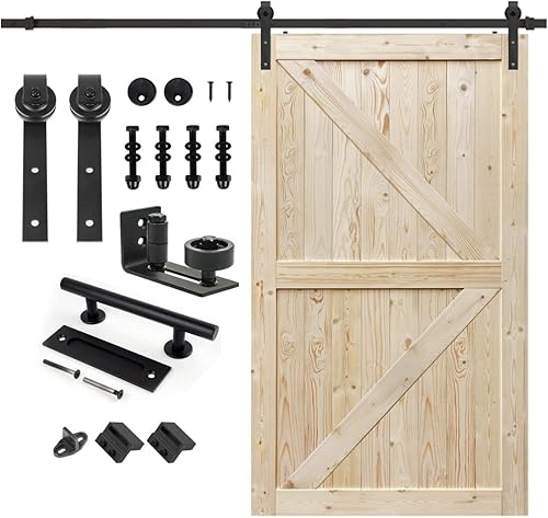 S&Z TOPHAND 48" x 80", Puerta estilo granero British Brace de madera nudosa, sin terminar, con kit de herrajes para puerta corredera de 8', madera