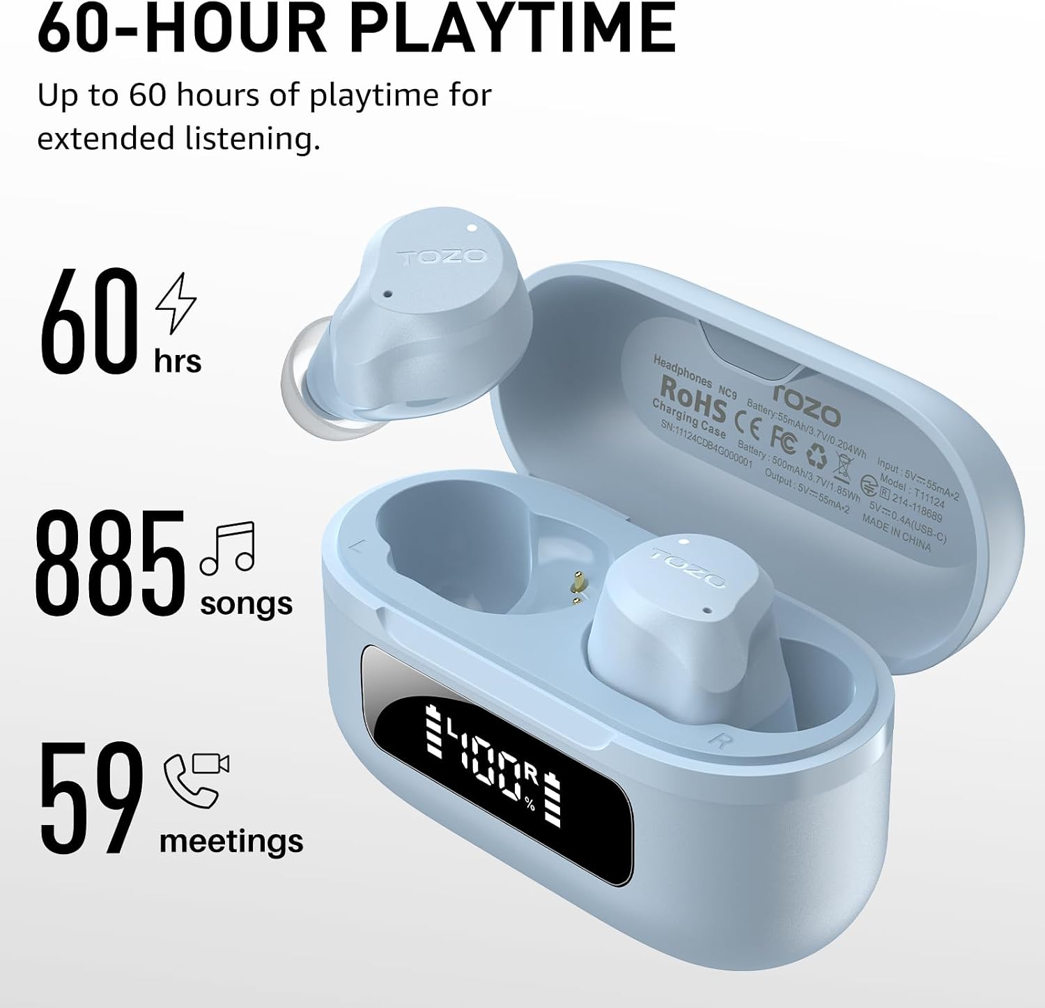 TOZO NC9 Hybrid Active Noise Cancelling Wireless Earbuds, 6 Mics ENC Clear Call, IPX8 Waterproof, in Ear Bluetooth 5.3 Headphones Stereo Bass Ear Buds 60H Playtime with LED Display 32 EQs via APP - 3