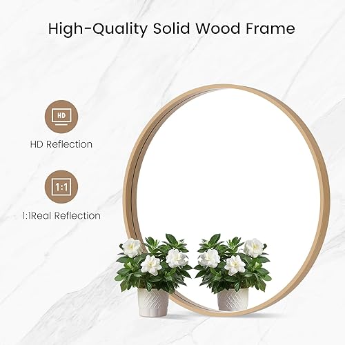 Miniatura 6 de WallBeyond Espejo redondo de madera de 24 pulgadas, espejo de pared circular para baño, espejo de pared redondo para decoración de pared, tocador