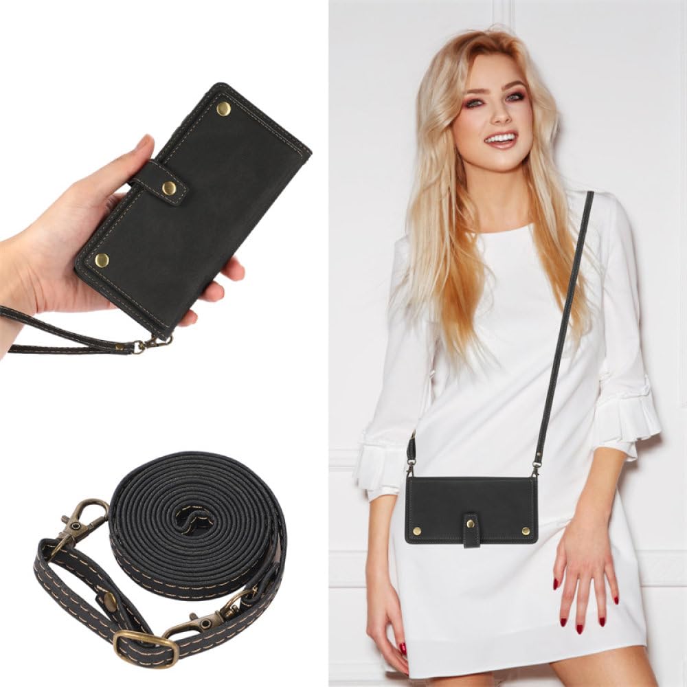 Skórzany portfel na telefon typu crossbody do Samsung Galaxy A73 A53 A33 A72 A52 A42 A71 A51 A70 A50 A40 A30 Pokrowiec na smycz na karty, czarny, do Samsung A22 (5G)