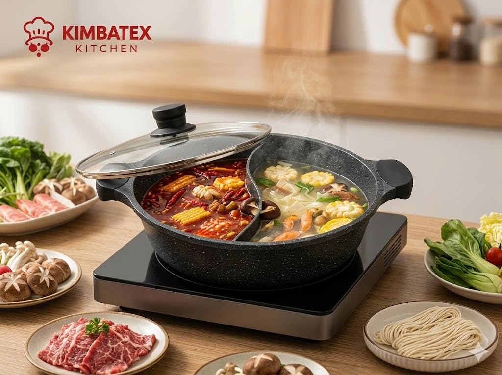 Kimbatex Cacerola Dividida Hot Pot 28 cm, Aluminio Fundido Antiadherente, con Tapa de Cristal, Apta para Inducción y Todo Tipo de Fuegos