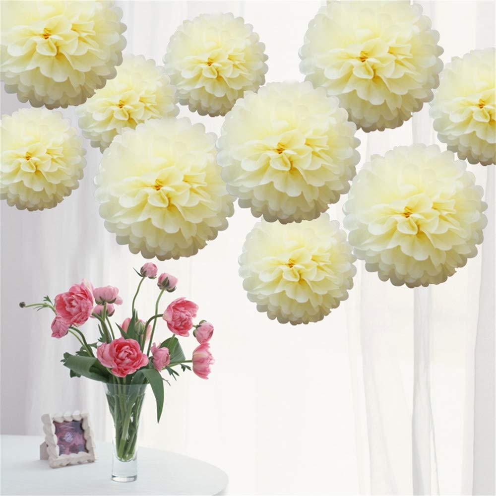 Time to Sparkle 10 Pack Mixed Tissue Paper Pompoms Pom Poms Flower Wedding Party Decoration (Ivory, 10pcs Medium(6"+8"+10"))