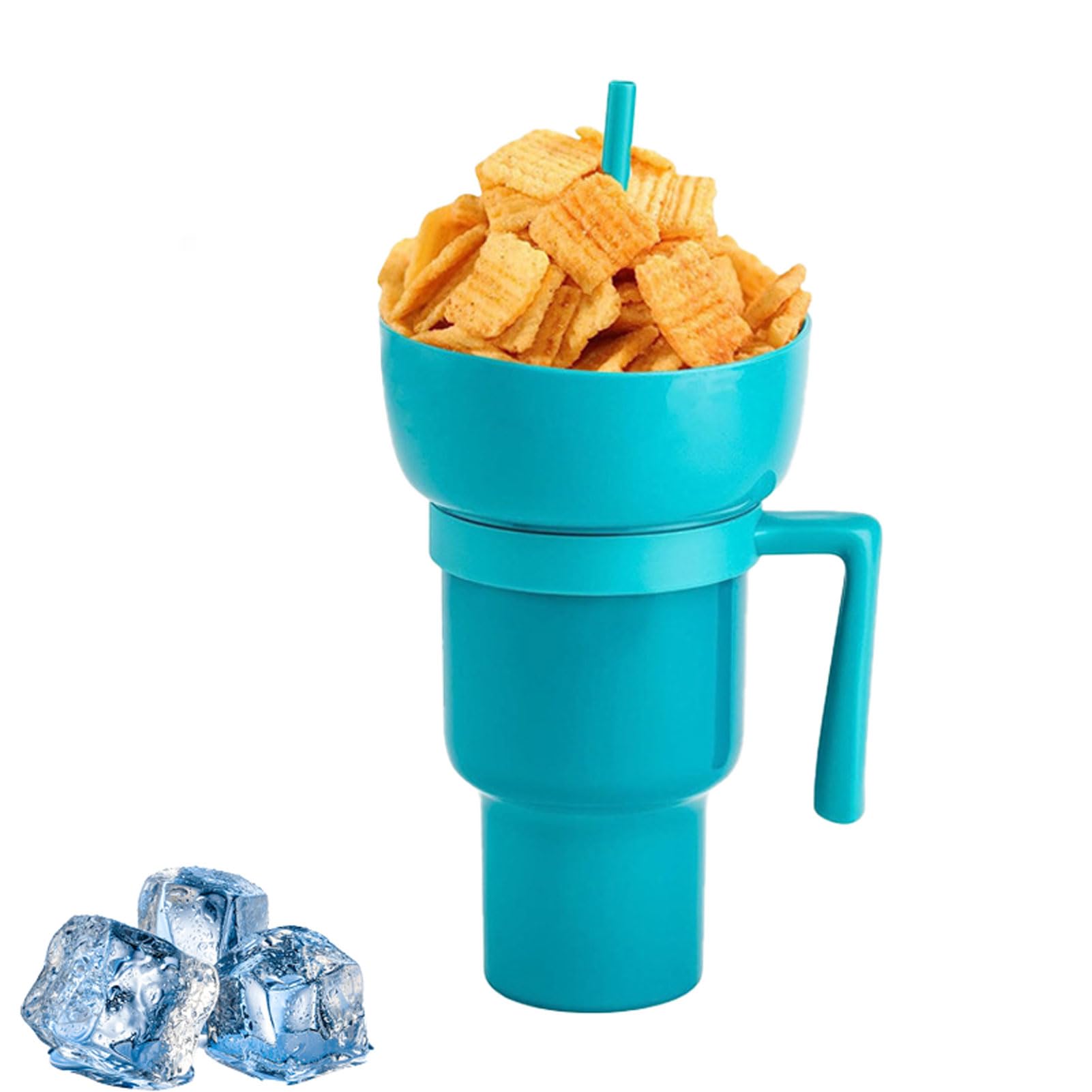 Ebbels Dark Blue Snack Tumbler Bowl, 2 In 1 Snack And Drink Cup With Straw, Reusable Stadium Tumbler For Popcorns And Drinks, Leakproof Snack Tumbler For Adults Kids (Dark Blue)