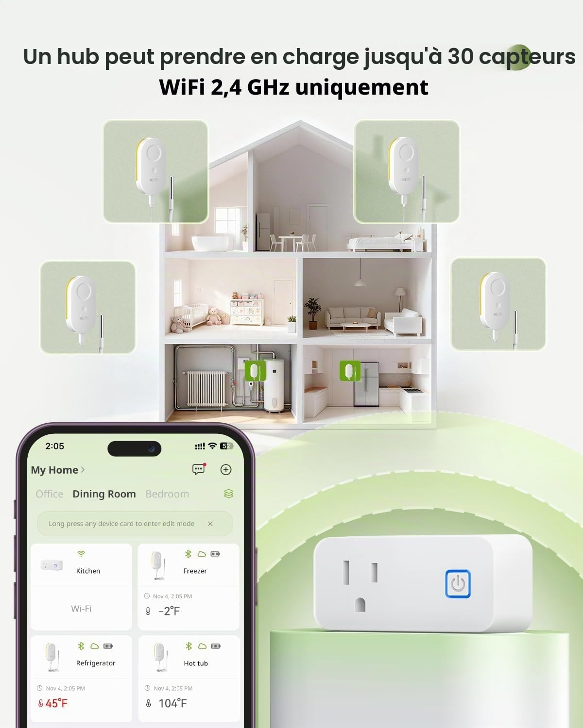 MOCREO Thermomètre WiFi pour réfrigérateur avec alarme de congélateur, alerte e-mail, notification d'application, enregistrement de données, exportation, sans frais d'abonnement, 2 capteurs de