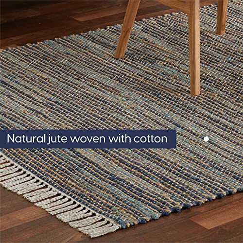 Pebble & Crane - Bradford Rug - Woven Throw Rug - Jute And Cotton - Area Rug For Kitchen, Living Room, Bedroom, And More - Tassel Trim - 2.5’ X 8’ - Navy #TOP4
