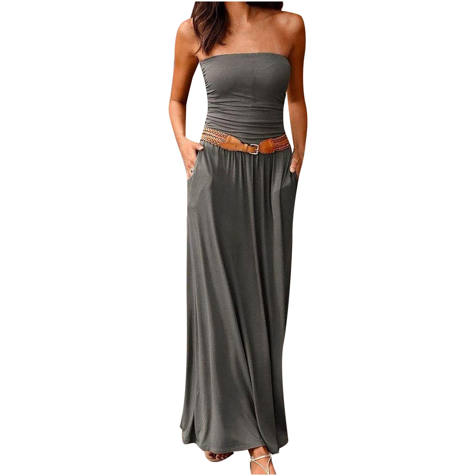NUSGEAR Nuevo 2021 Vestidos Largo para Mujer, Elegante Vestido Color sólido Moda Fiesta Vestidos sin Manga Casual Suelto Vestidos Basic Vestidos Largo Cómodo Playa Vestido de Noche un Hombro