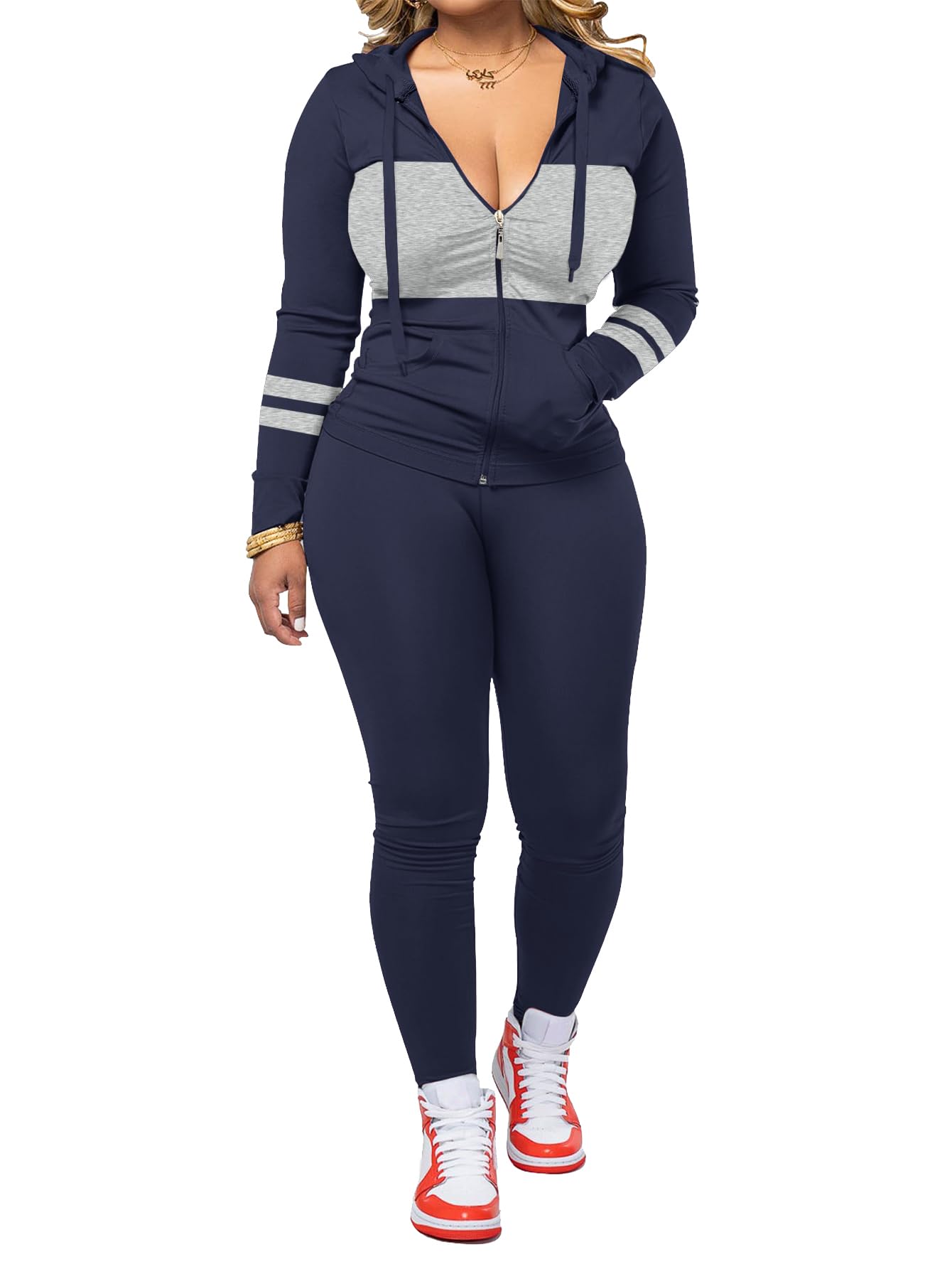 AUXDIO Women 2 Piece Outfits Color Block Casual Workout Sets Bodycon Tracksuit Zip Up Long Sleeve Hoodle Jacket