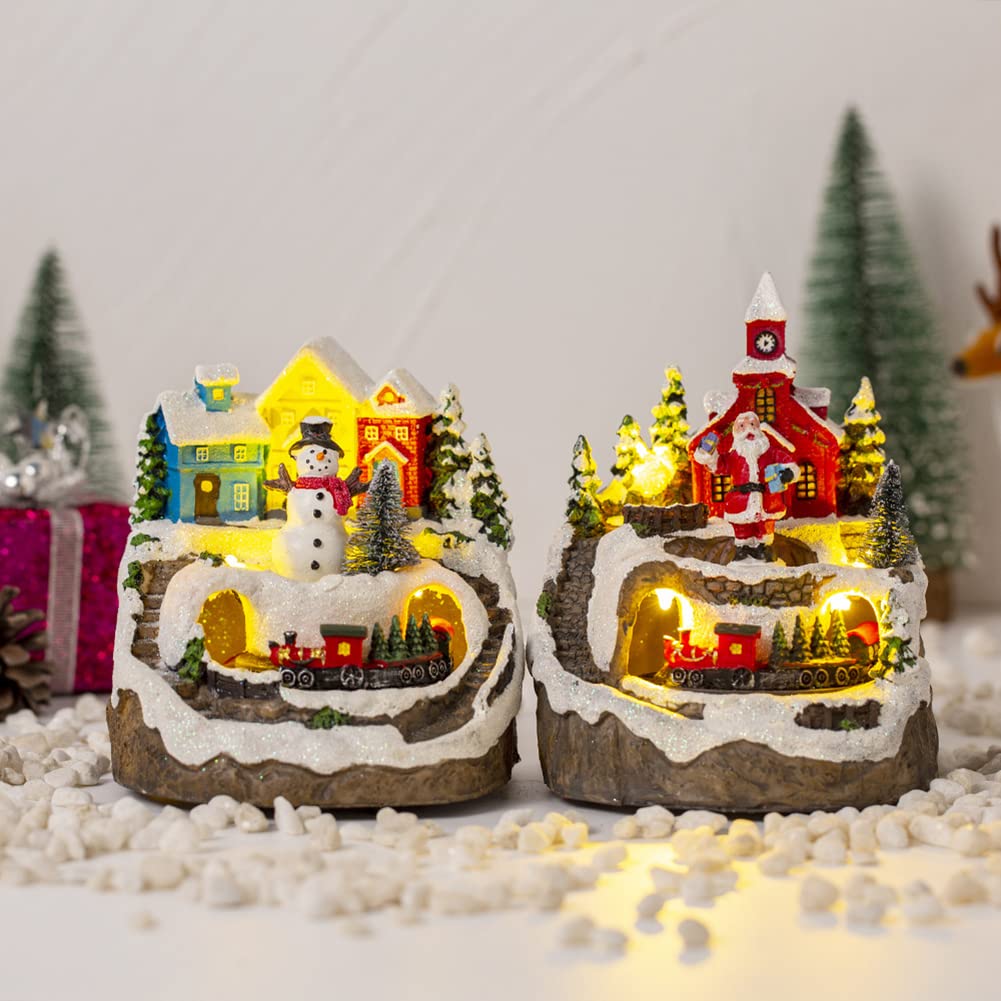 Uposao Decoración de Navidad LED Papá Noel muñeco de nieve resina con iluminación, música, casa de Navidad, miniatura, pueblo de Navidad, decoración con decoración de nieve, escena de Navidad, mesa