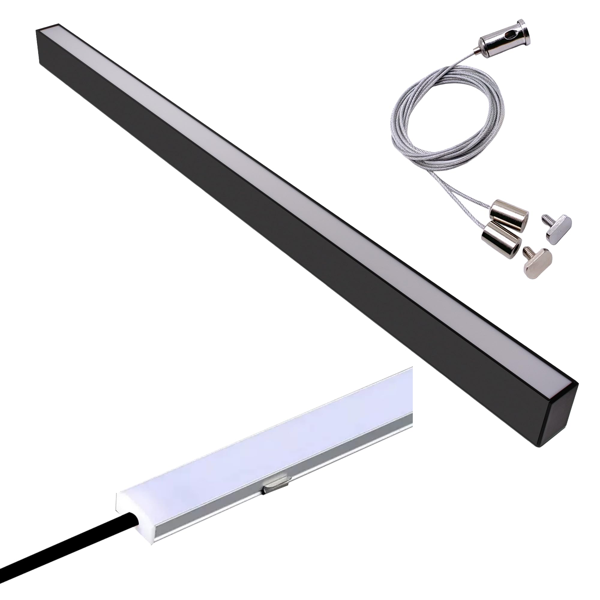 Bright Source LED Linear Pendant Light Fixture Bundle, Black Finish, 4ft (1204mm), Switchable Wattage 20W 30W, 2500-4000lm, Adjustable Colour Temperature, Includes Suspension Kit & Clip-on Backlight
