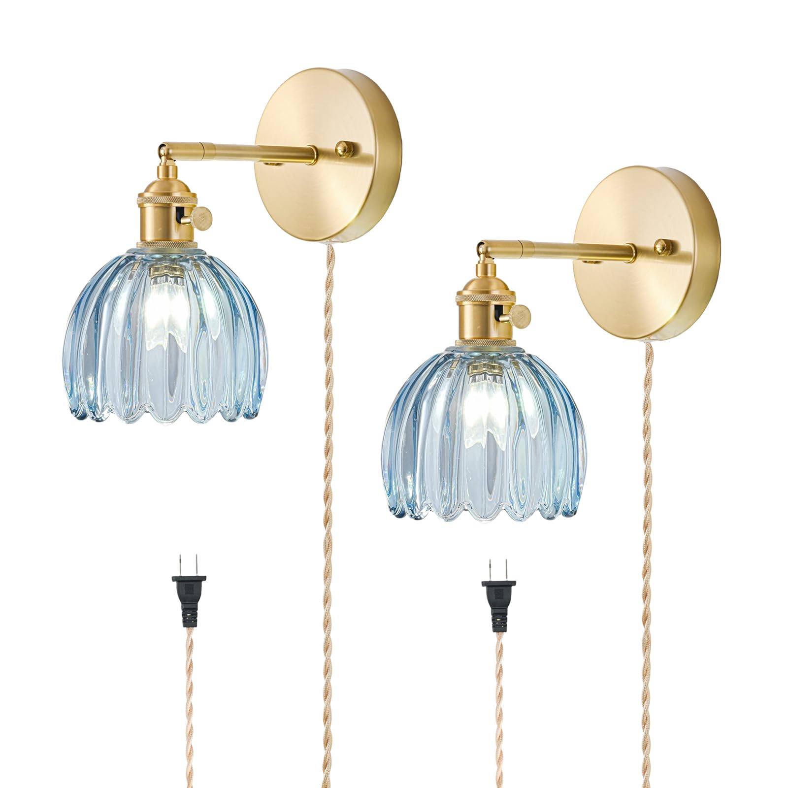 Plug in Wall Sconces Set of 2, Vintage Wall Sconce Light with Tulip Denim Blue Glass Lampshade, Bedroom Wall Sconce with Switch and Plug in wall lamp Cord, Gold Wall Light Wall Decor Set of 2