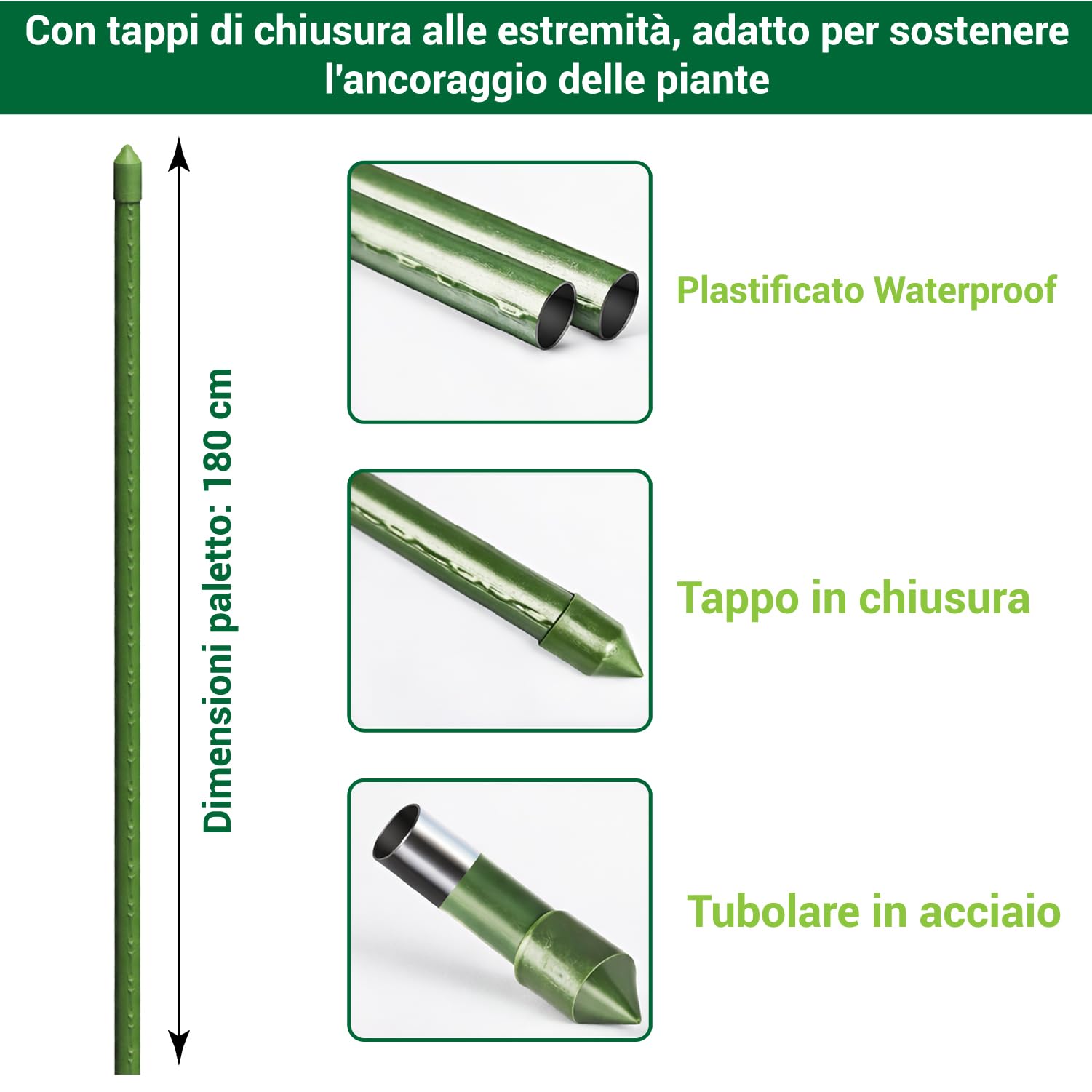 Crisalide® Tutores para plantas 180 cm Ø16 mm de acero plastificado antioxidante, bastones para tomates, huerto y jardín, soporte plantas resistentes, disponibles 5 10 25 unidades (25)