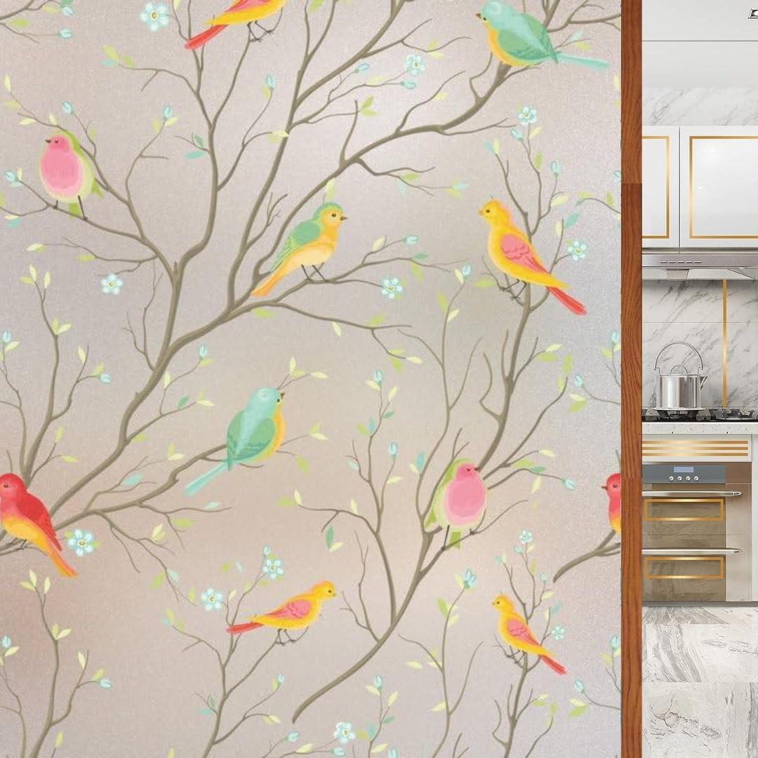 WOO Home Frosted Glass Window Film & Stickers (12 X 24 inch) Privacy Window Cover for Glass Window & Glass Door - Easy Apply, Removable Decorative Film (Multi Colour Bird Film | 1 X 2 SQFT)