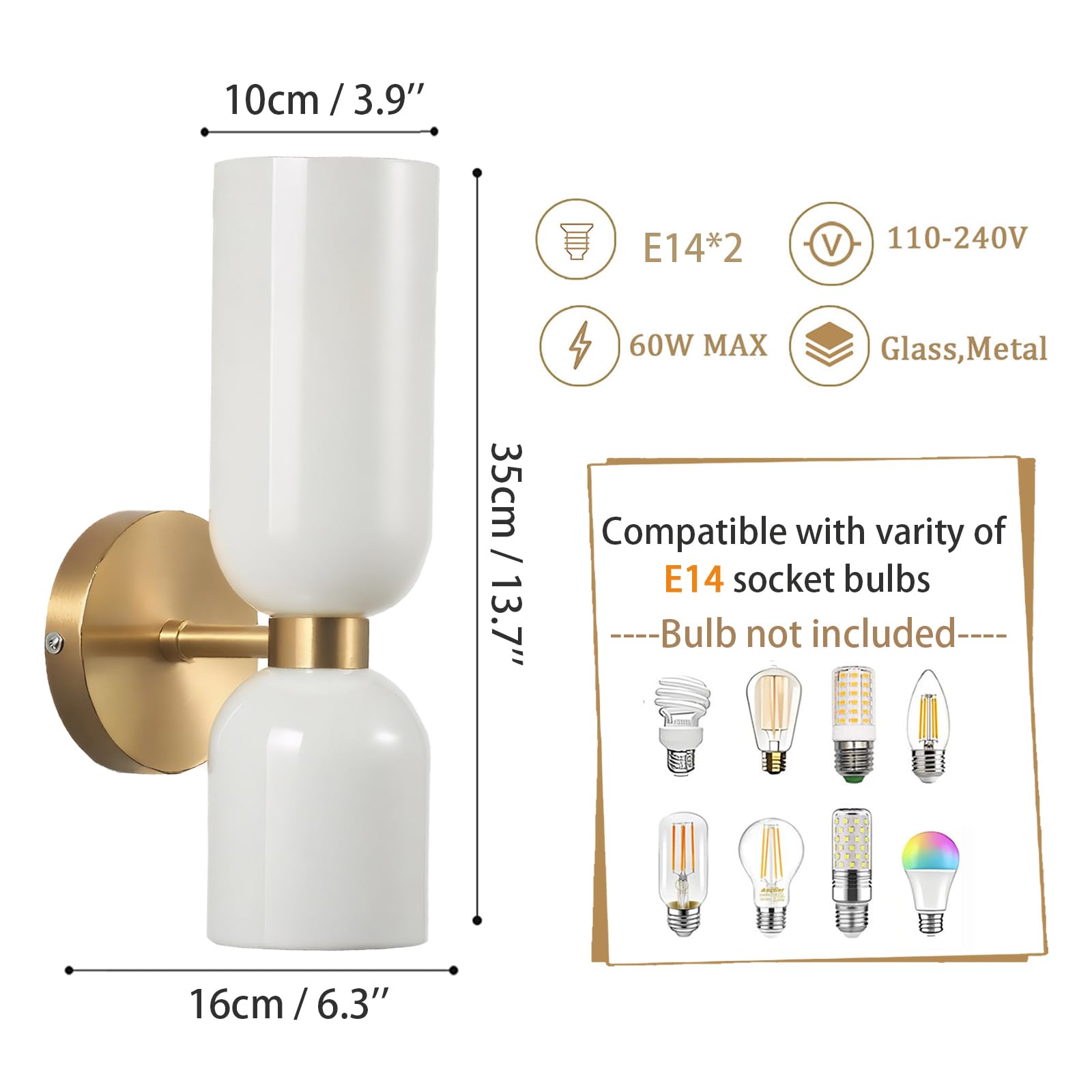 Moderne 2-Flammige Wandleuchte Gold, Elegante Glass Wandlampe, E14 Innenbeleuchtung für Schlafzimmer, Bad & Wohnzimmer (Milchweiß)