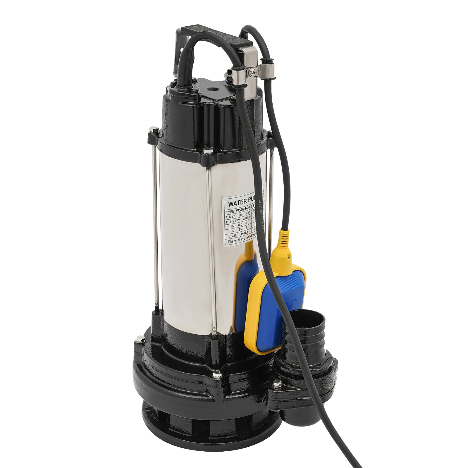 Pompe submersible pour eaux usées avec interrupteur à flotteur, 1500 W 220 V, 2850 tr/min, débit 36006 l/h, hauteur de refoulement 22 m, profondeur d'immersion 20-30 m, pompe submersible eau sale 50 x