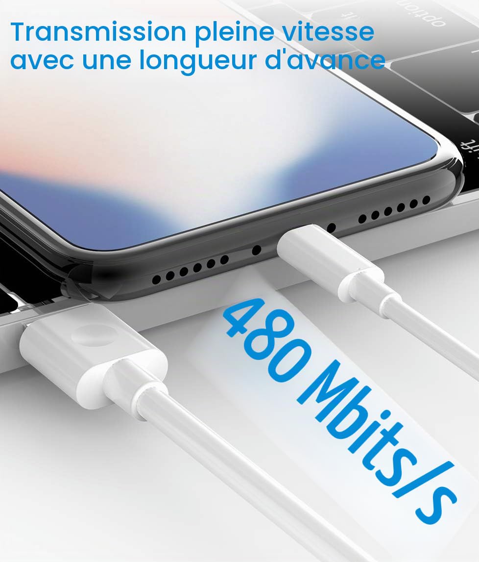 Quntis Lot de 3 Câble de Chargeur iPhone 2M, MFi Certifié Câble, Fil Lightning Charge Rapide pour iPhone 11 12 13 14 Pro 13 Mini XS Max XR X 8 7 6s 6 Plus 5 Se iPad Chargeur, Cordon iPhone Blanc
