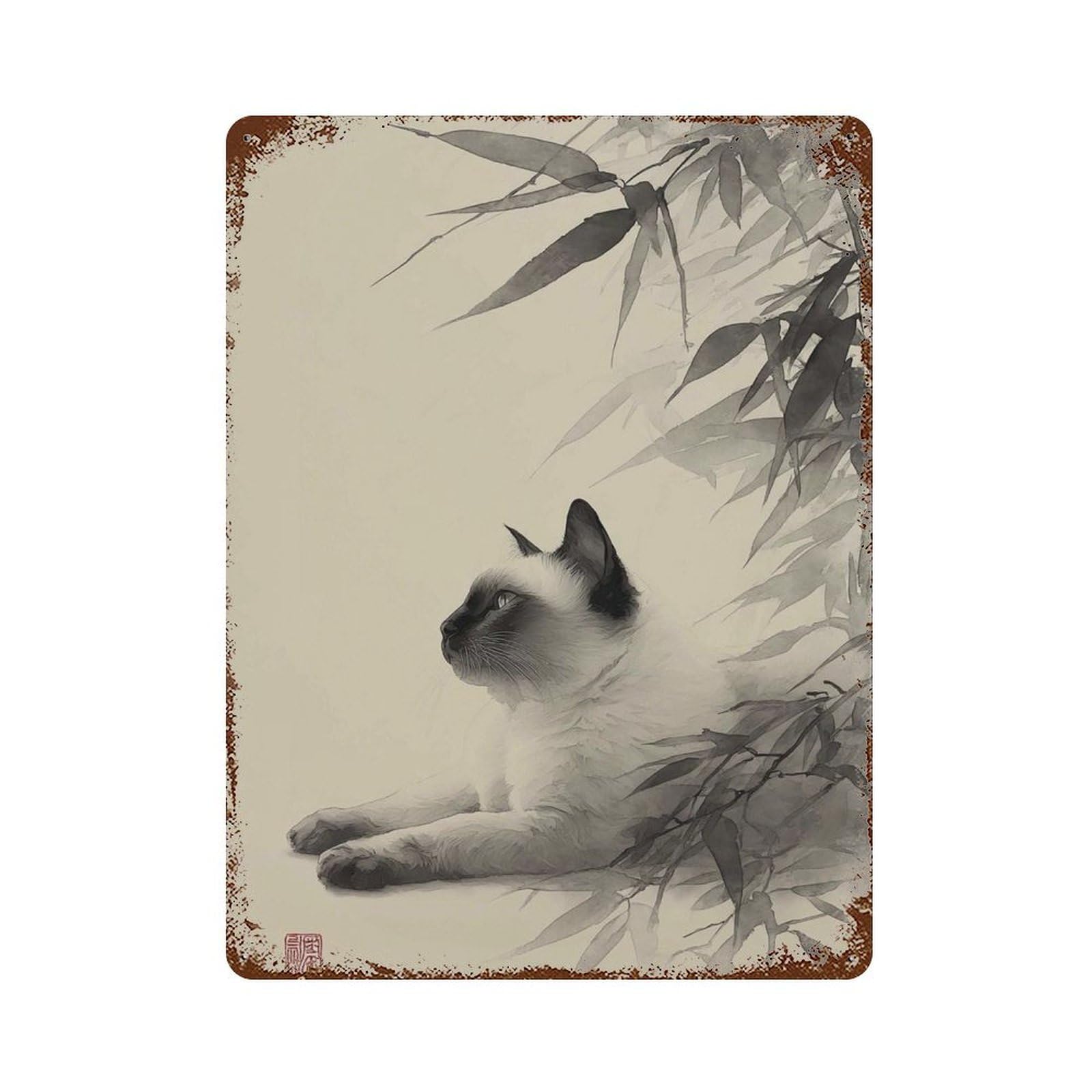xiaoxiaoshen Siamese Cat Japanese Bamboo Ink Painting Zen Minimalist Asian Style Tranquil Wor Wall Decor Art Metal Tin Poster Modern Home Decor Art Home Bar Shop Decorations Vintage Sign 40x30cm