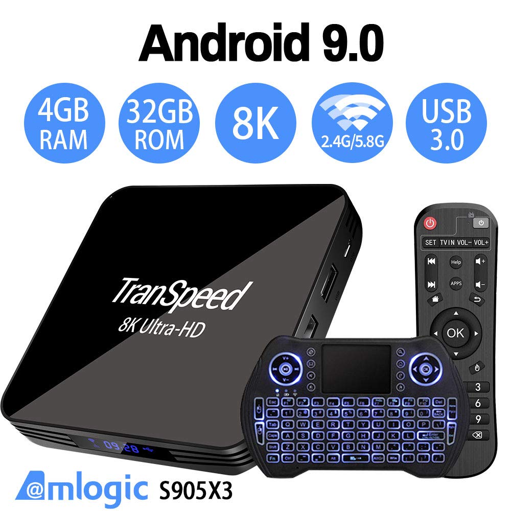Android TV Box 9.0 Amlogic S905X3 2.4G 5.8G Dual Band WiFi 4GB 32G Bluetooth 4.1 with Backlit Mini Keyboard 3D Ultra-HD 4K 8K Streaming Media Player Set Top Tv Box