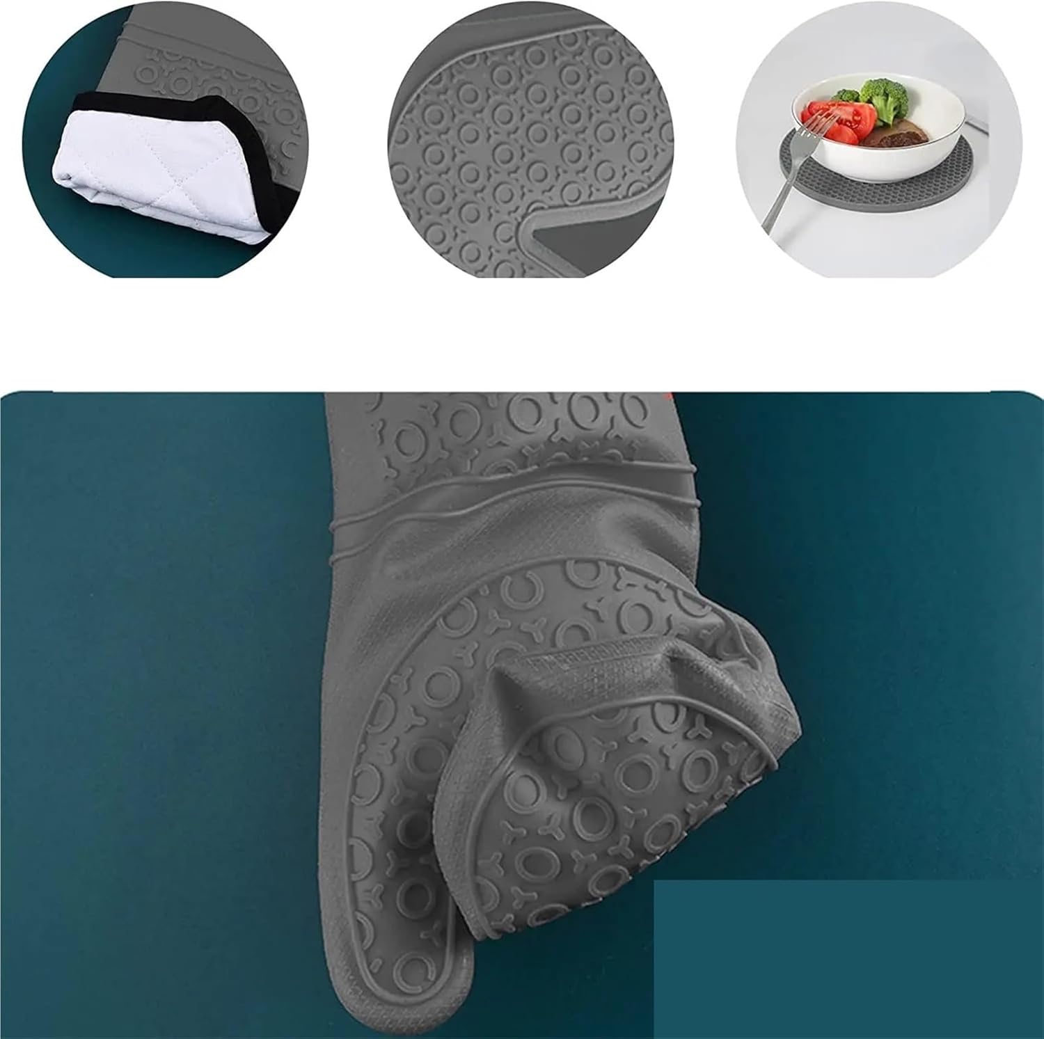 1pc Silicone Oven Gloves Heat Cotton Insulated for Baking Barbecue Kitchen Cooking for BBQ, Grilling(Gray-long)