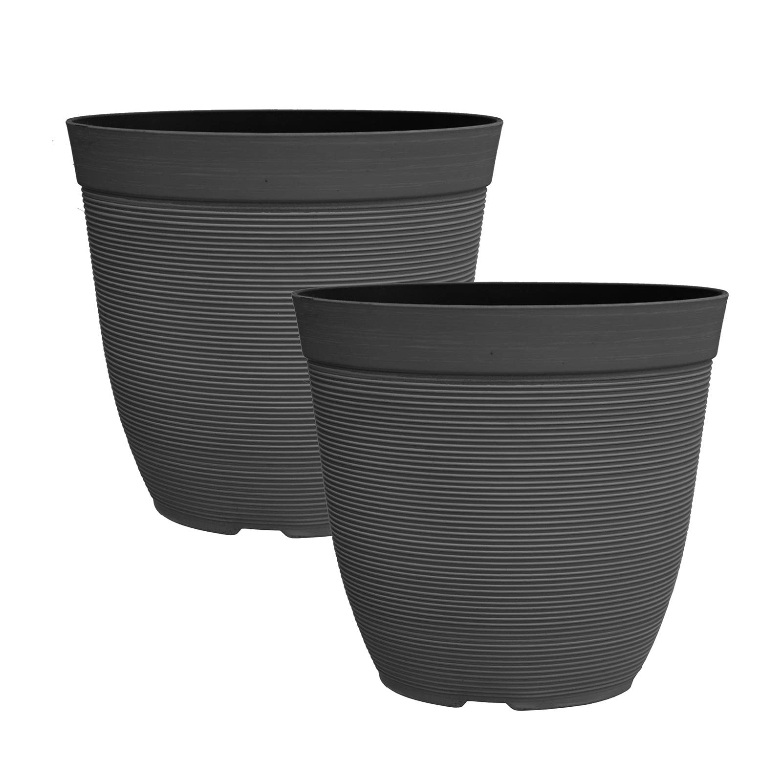 Simpa Black Rustic Ridge Plastic Planter Pots - Set Of 2 Pots - 28Cm (H) X 30Cm Diameter