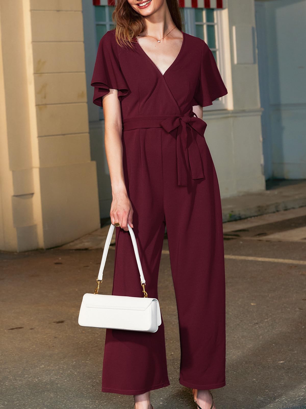 CUPSHE Damen Elegant Jumpsuit Wrap Kurzarm Weites Bein Overall mit Gürtel | Fließender Stoff, Taillierter Schnitt, Einfarbige Optik, Bodenlange Form, Locker Fallend, Alltag & Party Geeignet