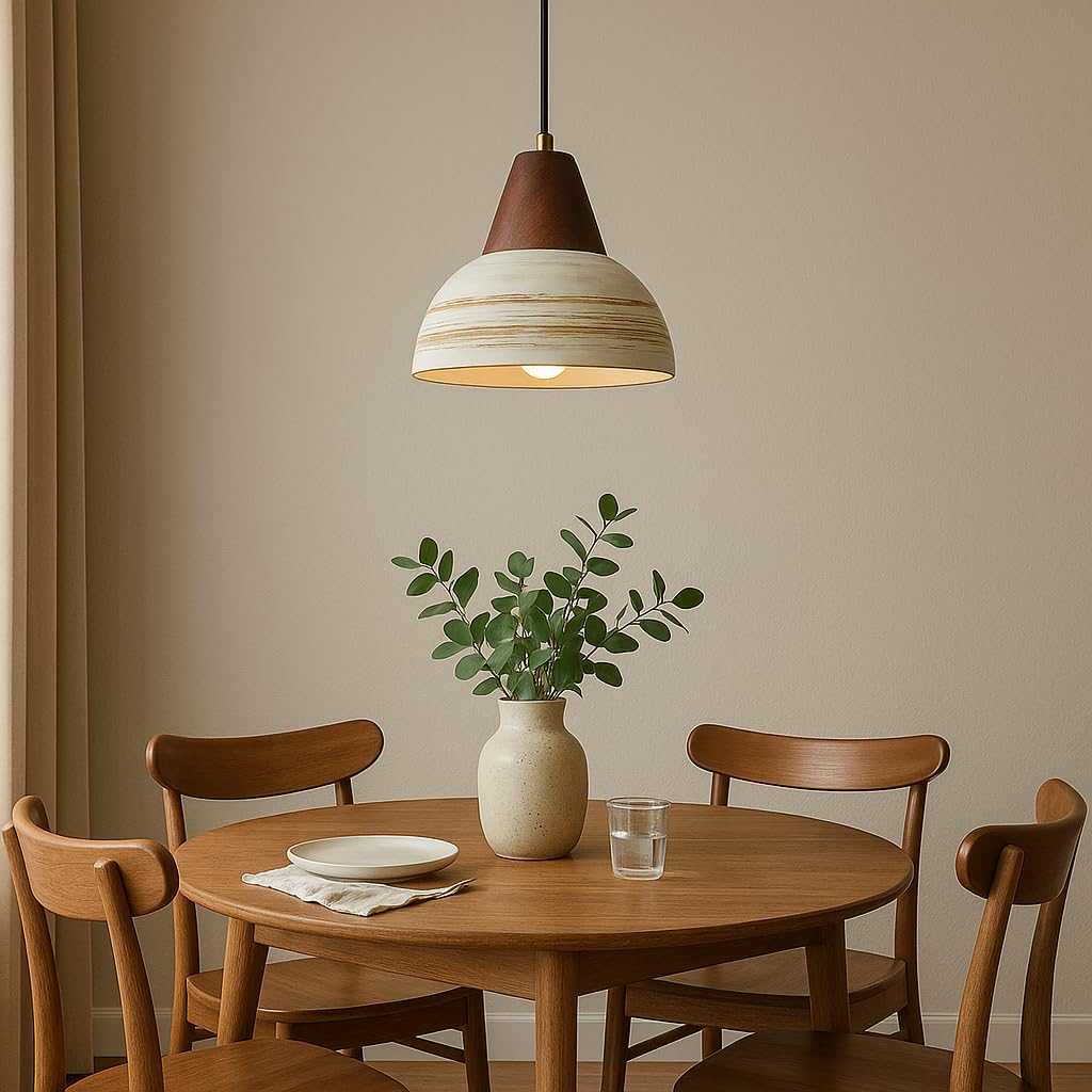 Suspension en céramique rustique avec finition bois, douille E27, câble réglable 150cm, luminaire vintage Japandi pour salon, chambre, salle à manger ou café (23cm)