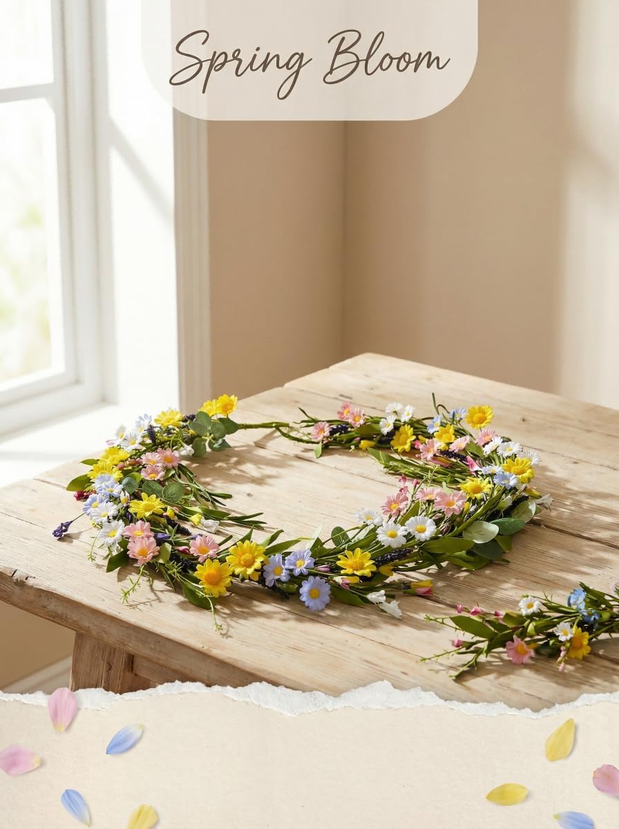 6FT Spring Flower Garland for Mantle, Wildflower Daisy Garland - Silk Floral Easter Garland for Wall Fireplace Bedroom Party Arch Table Centerpiece Home Indoor Outdoor Decor