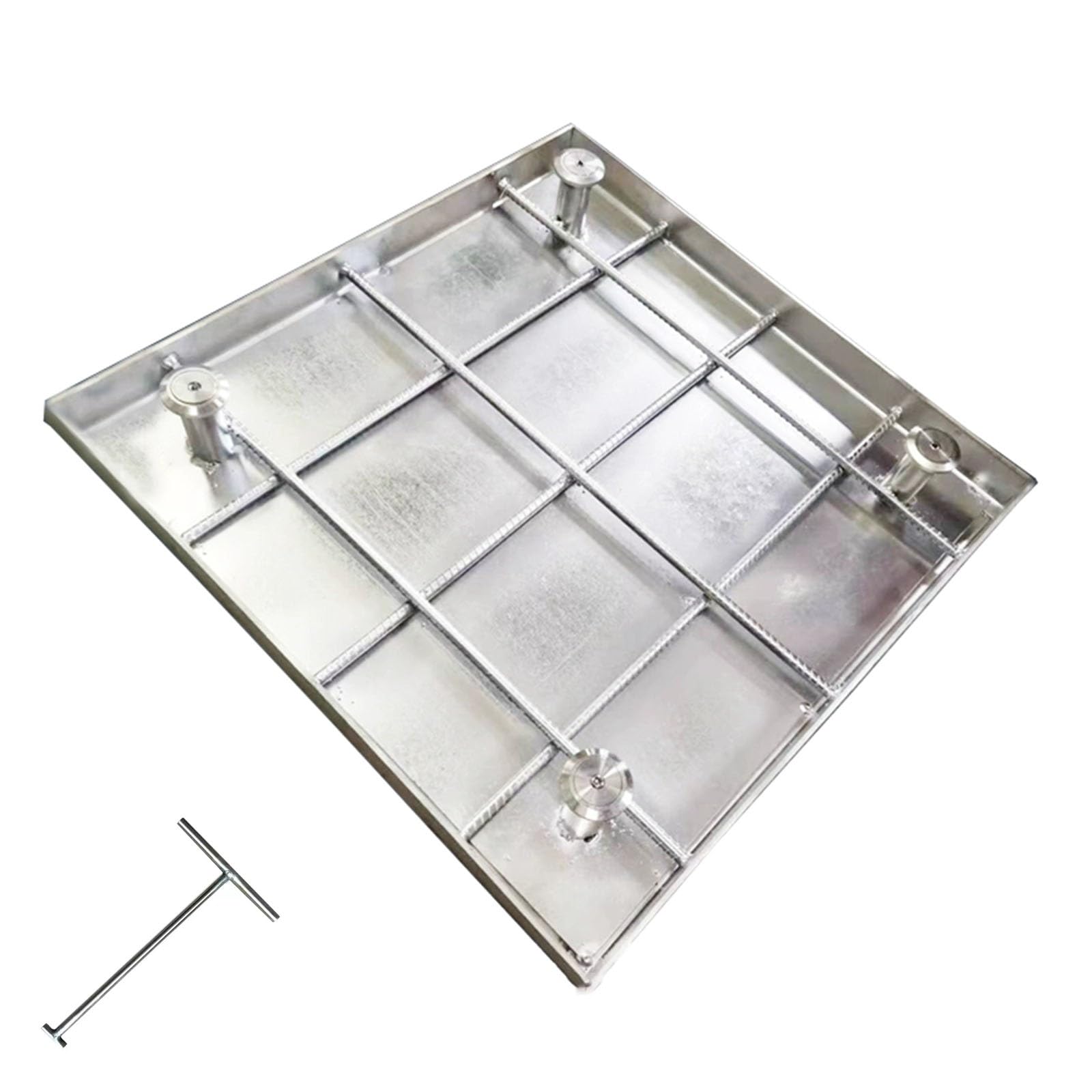 Arqueta Jardin, Tapa de Inspección Invisible de Acero Inoxidable, Cuadrada de Tanque Séptico y Base con Columna de Elevación, Gancho para Pozo y Placa Base Galvanizada