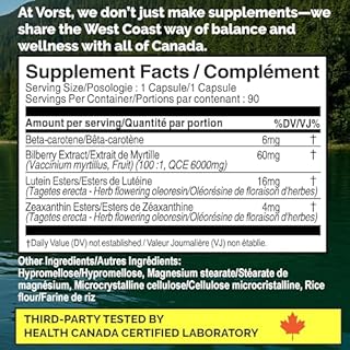 VORST Eye Care Supplement 90 Vegan Capsules with Bilberry, Lutein, Zeaxanthin & Beta Carotene for Vision Complex and Dry Eyes, Non GMO Powder Pills for Adults Including 50 Plus, 1 Bottle