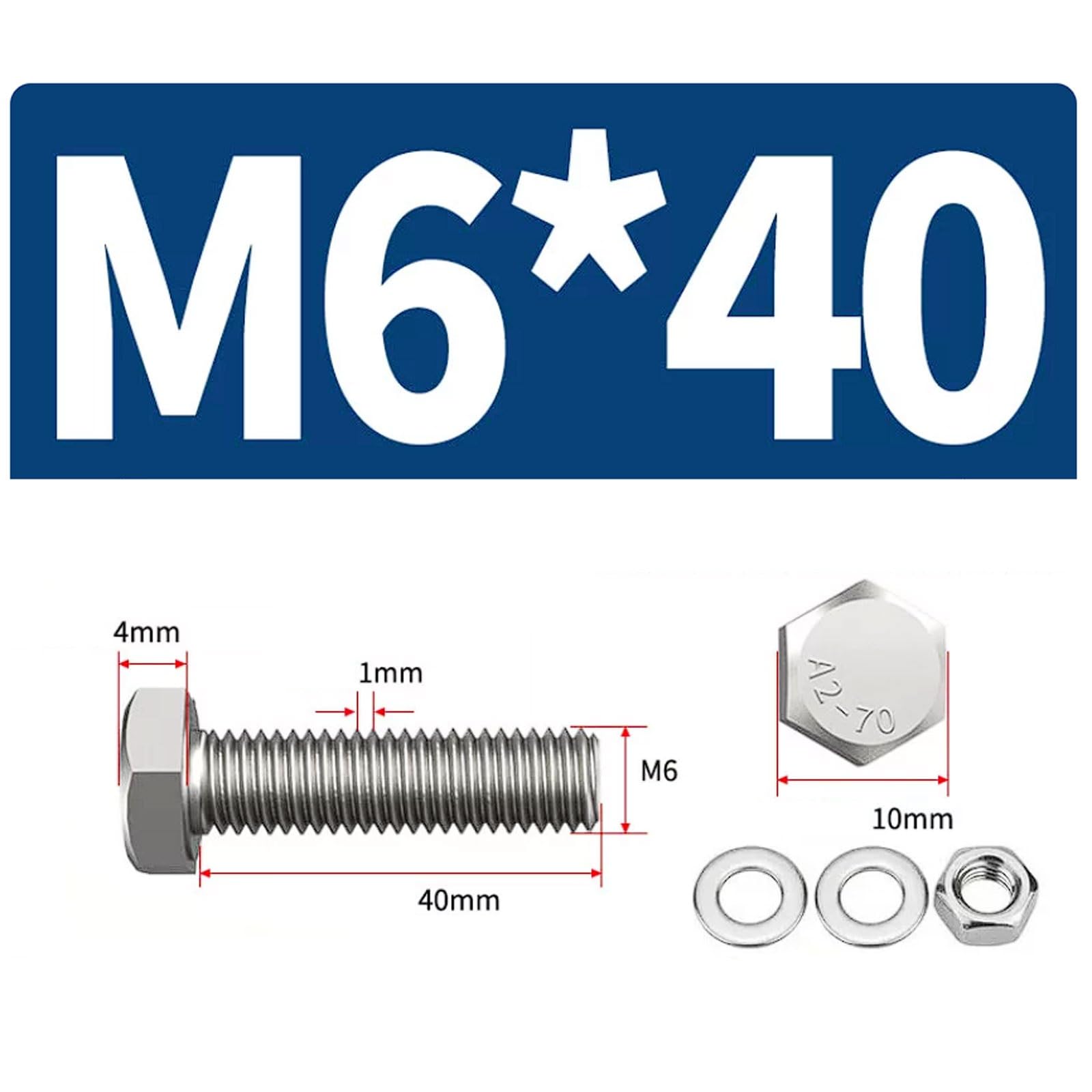 Zestaw śrub i nakrętek z łbem sześciokątnym M6 ze stali nierdzewnej 304 z podwójnymi podkładkami płaskimi, zestawy 25/50, śruby imbusowe (M6 x 40 (50 zestawów)