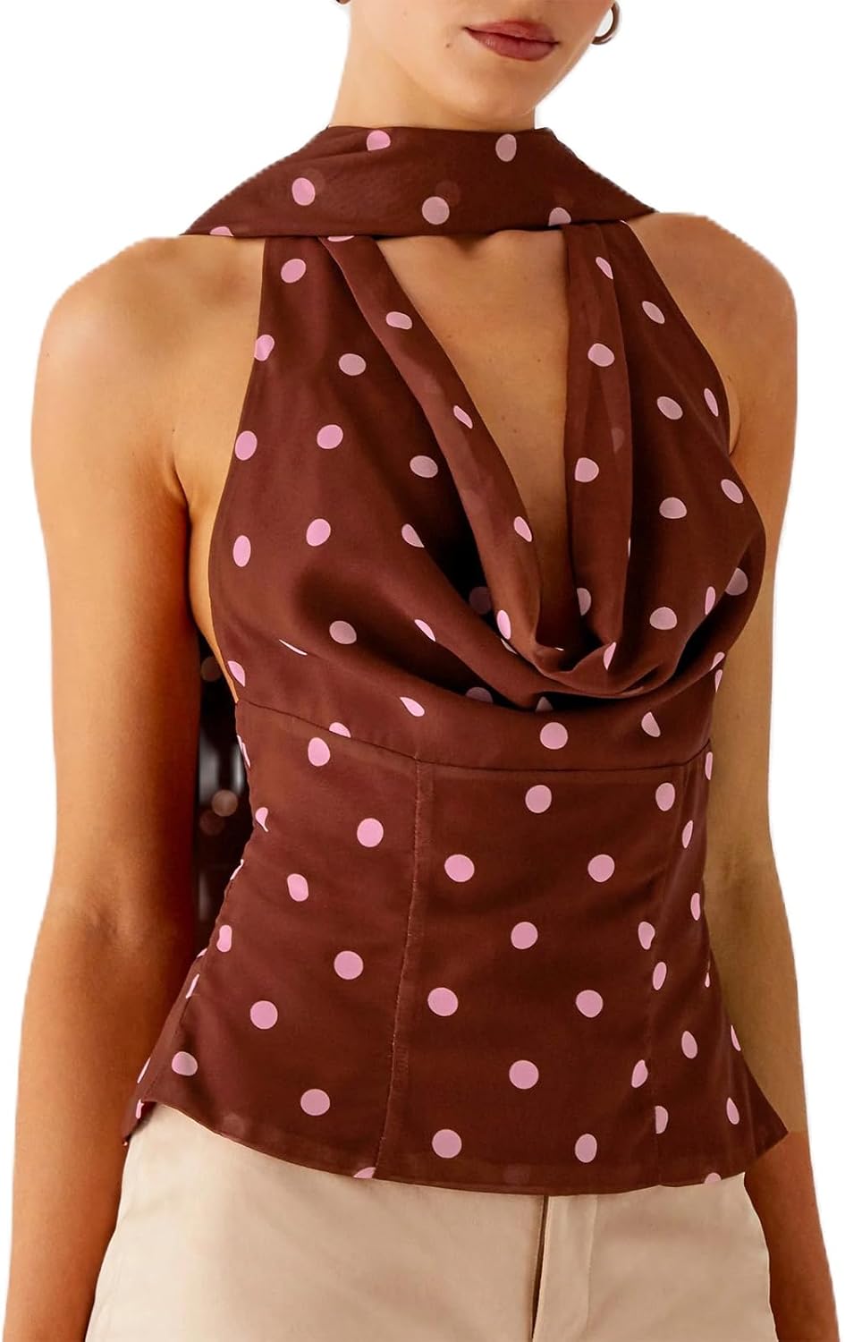 Women Y2K Camisole Draped Front Polka Dot Spaghetti Strap Halter Scarf Sleeveless Backless Slim Fit Tops Streetwear