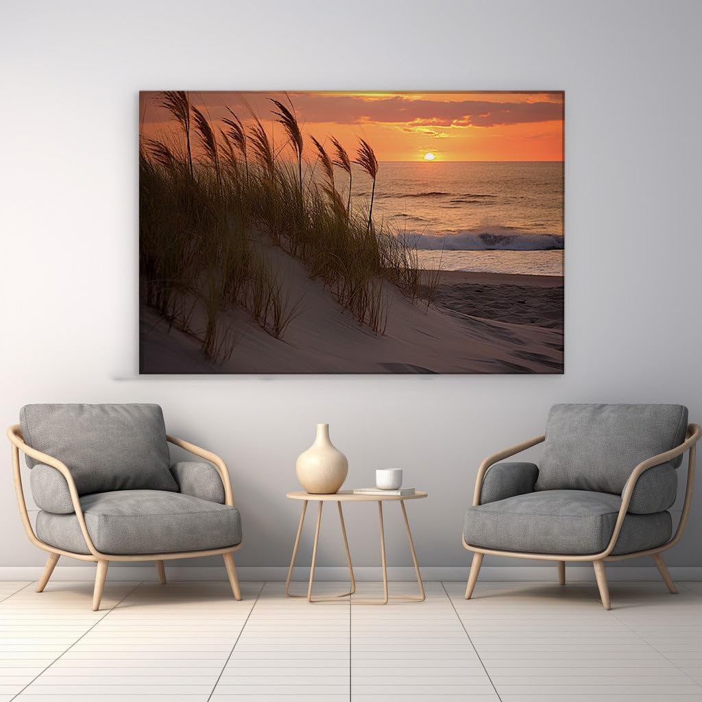 Canvas for Living room. Sunset Serenity on the Sandy Shore: A Fusion of Nature's Warmth and Ocean's Whisper, 27 x 18 inch Canvas Wall Art - Beach Sunsets And Sunrises - Modern Home Decor