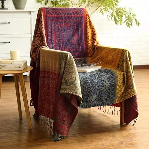 VEYING Boho Throw Blankets,Bohemian Bed Throws,Chenille Tassels Throw Blanket for Couch Sofa ,Chair Bed，Hippie Room Decor,Hippie,Indian Throw Blankets (Red Navy Yellow 60x75)