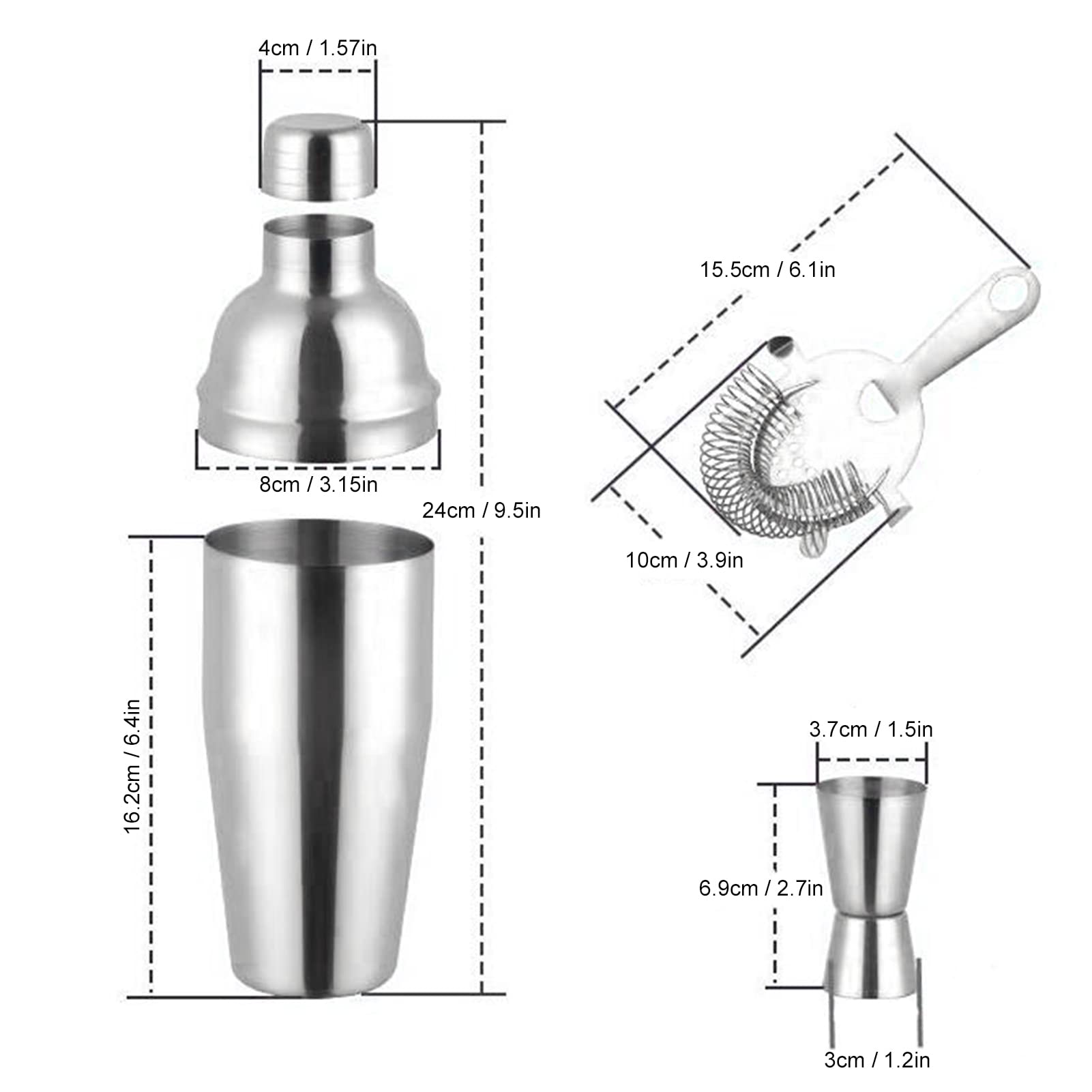 Insulated Shaker, Mixed Drink Shaker Stainless Steel Martini Shaker with Strainer Measure Cup Shaker for Bartender Bar