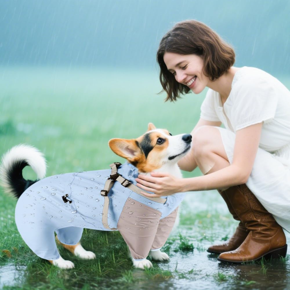 PETCUTE Impermeabile per Cani con Imbracatura Integrata, Giacca Impermeabile Leggera,Cappotto Antipioggia per Cani con Cappuccio Rimovibile,Regolabile Abbigliamento Antipioggia,Copertura Completa,M