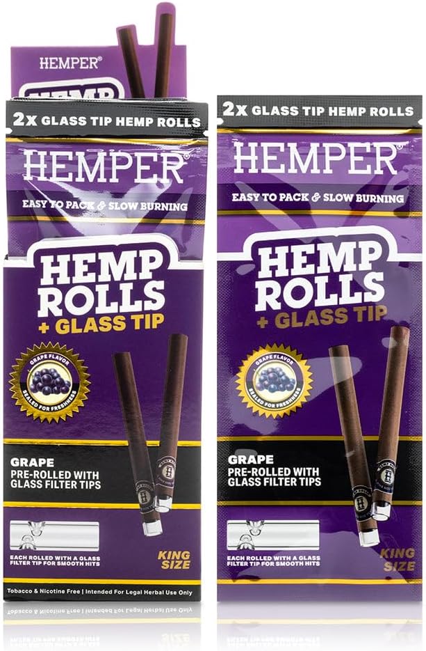 Hemper Pre-Rolled King Size Hemp Rolls with Reusable Glass Tips - 2PK | 12ct Display | Hand-Rolled, Natural Hemp Paper Rolls in Protective Case for Smooth, Clean Burn and Freshness - (Blueberry)