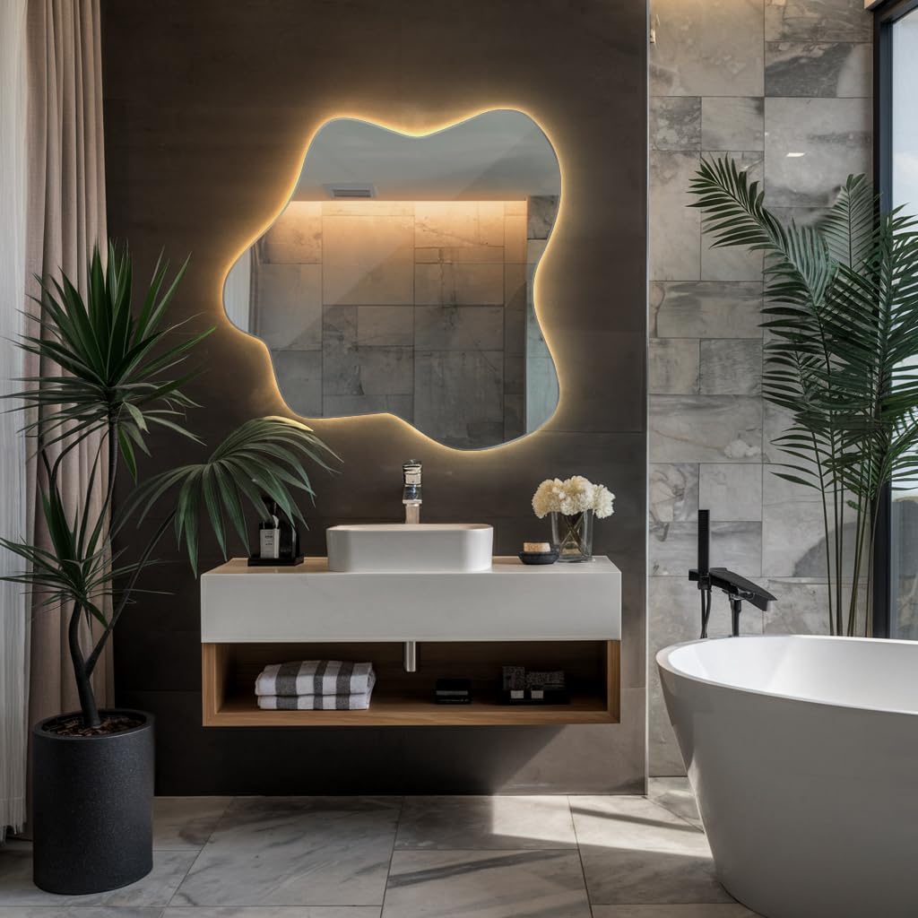 Miroir XXL rétroéclairé par LED 77,3 x 76,6 cm (30,4 x 30,2 pouces), blanc chaud, décoration murale unique de forme irrégulière, design ondulé, idéal pour le salon, la salle de bain ou la chambre.