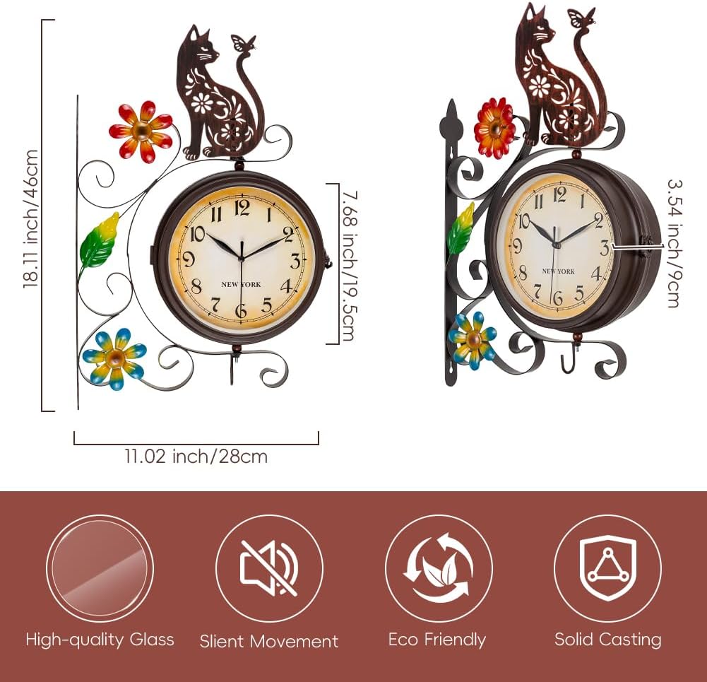 Vintage Double Sided Wall Clock with Metal Frame Antique Cat Wall Clock for Outdoor, Silent no-Ticking Watches & 360 Degree Rotate, Decorative Art Decor for Patio Living Room Restaurants